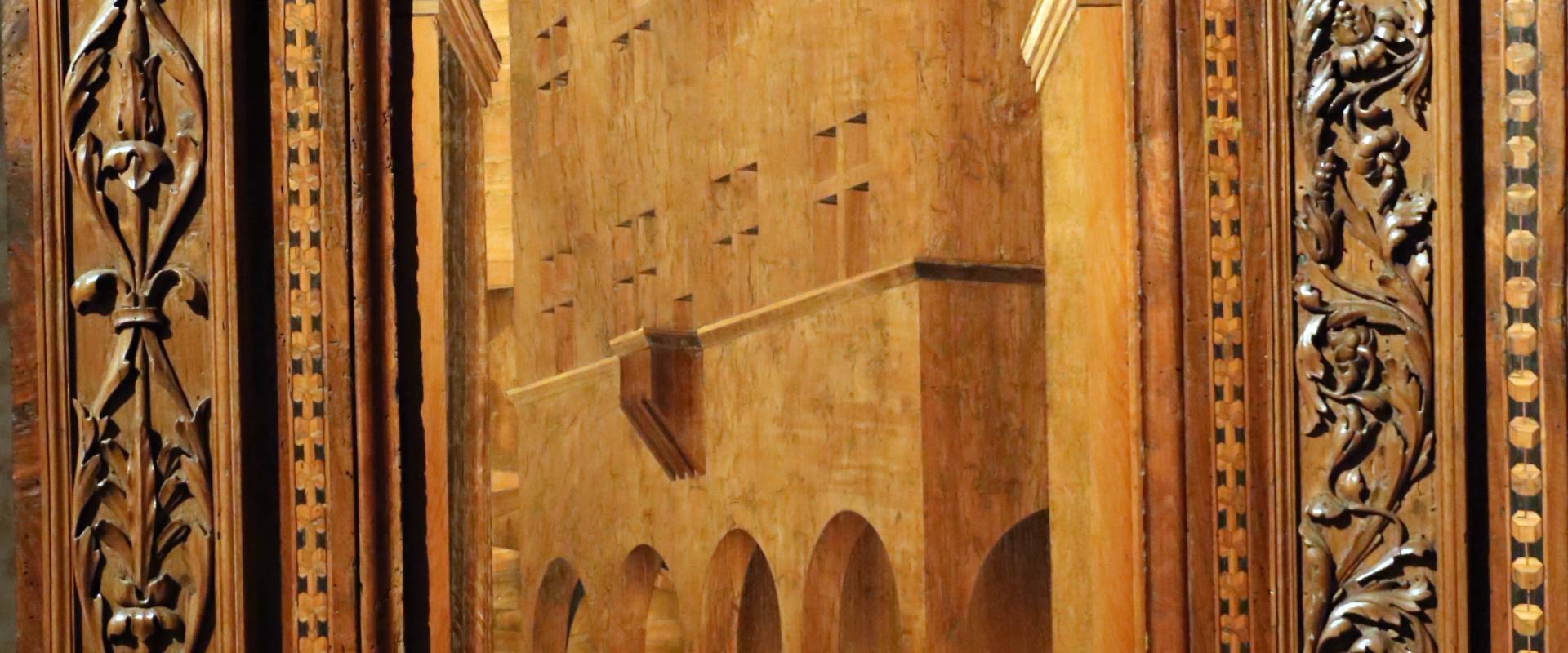 Bernardino da lendinara, due tronetti lignei con vedute di città e i ss. ilario e giovanni battista, 1494, 06 foto di Sailko